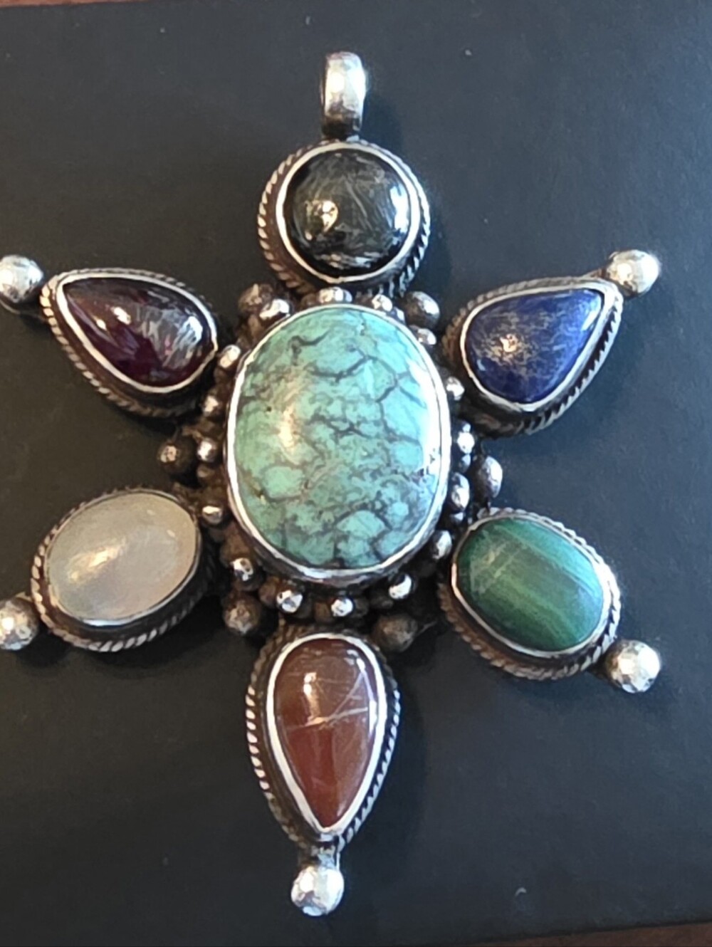 Vintage Navajo Sterling Silver Pendant Turquoise and various Stones